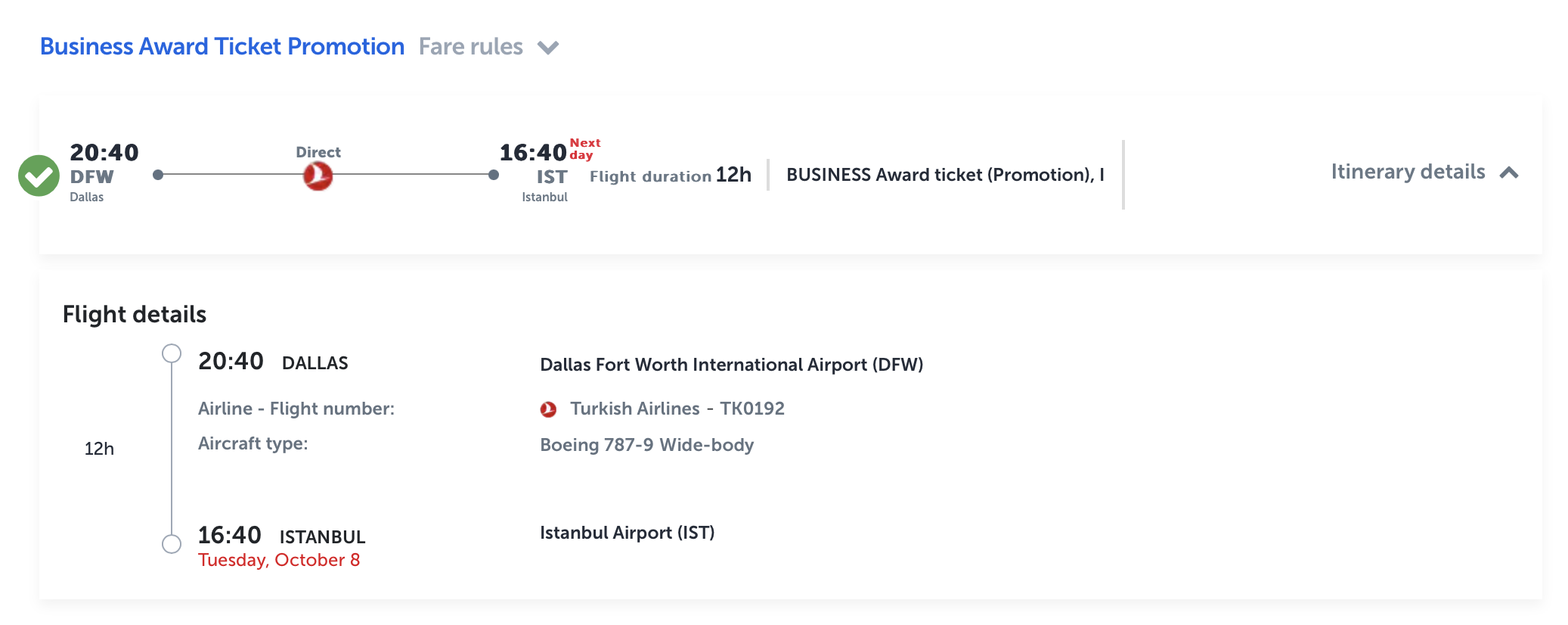 Turkish award from DFW to IST bookable with Turkish miles.