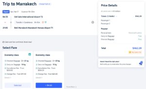 Screenshot of Trip.com showing $462 price for a flight from Cairo to Marrakesh