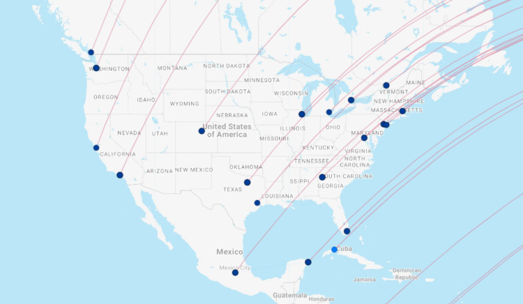 Route map showing North America with all of Turkish Airlines' destinations