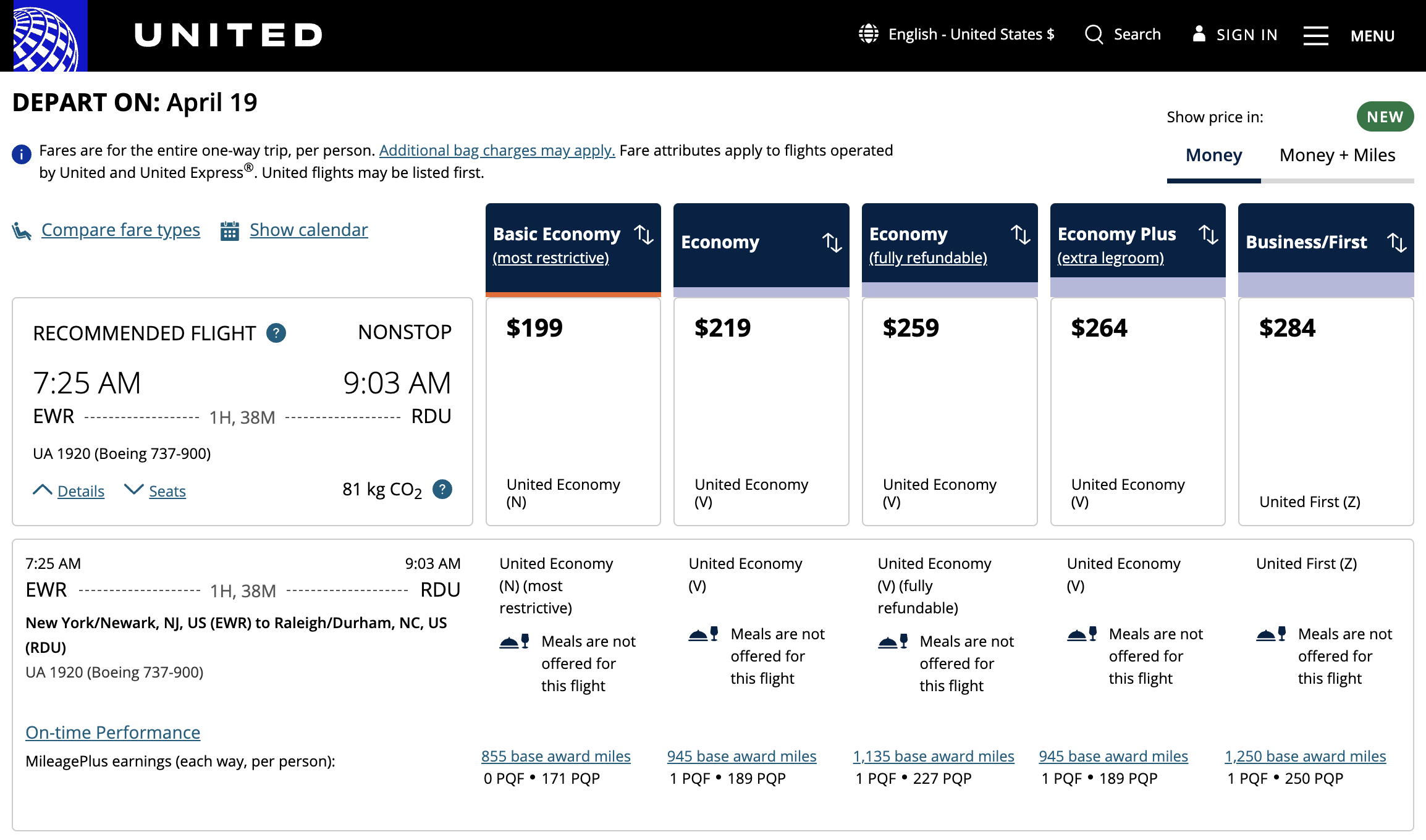 United earnings for a flight between EWR and RDU.
