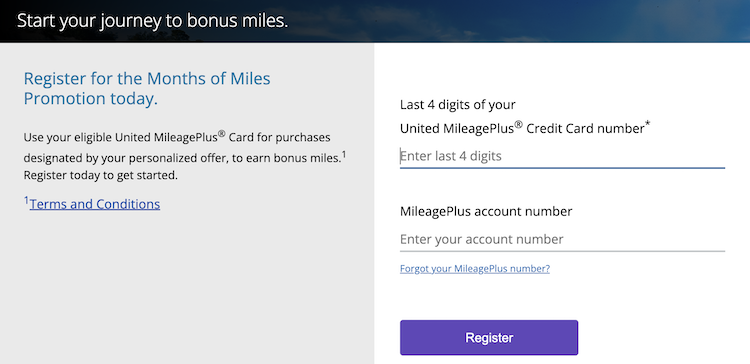 United Months of Miles promotion enrollment page