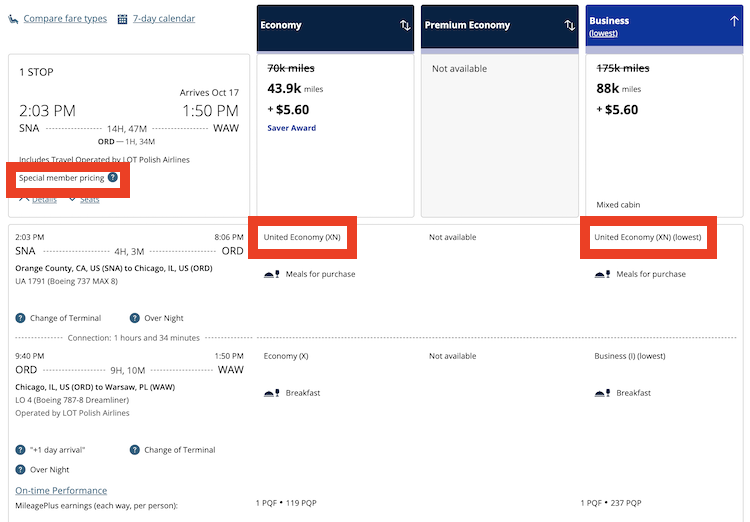 Indications of special member pricing on SNA-ORD-WAW United booking