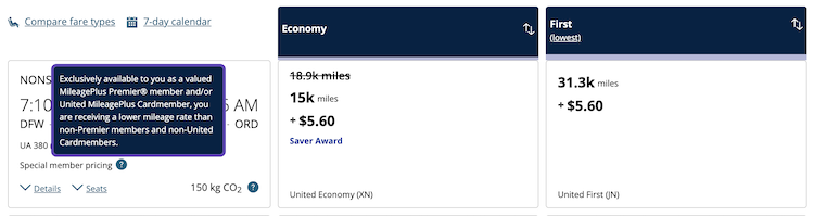 DFW-ORD United award flight indicating only those with elite status or a qualifying credit card have access to this flight at this price