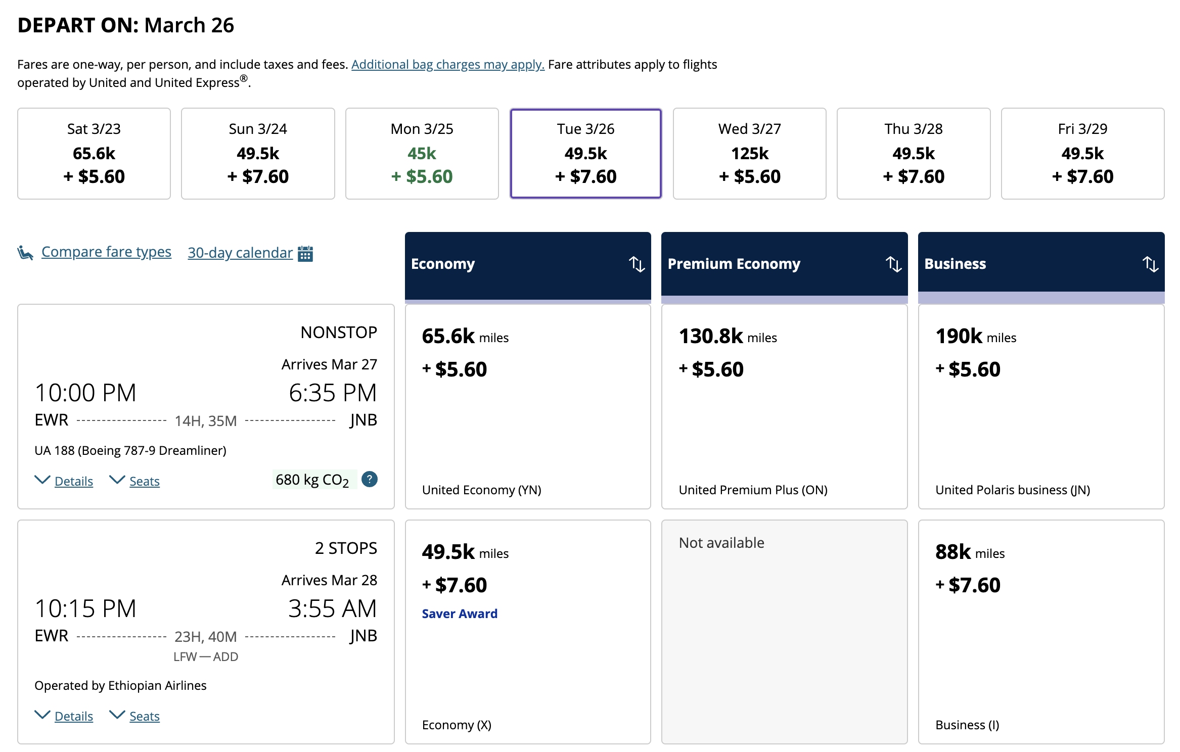 United and Ethiopian awards from EWR to JNB from 88K MileagePlus miles