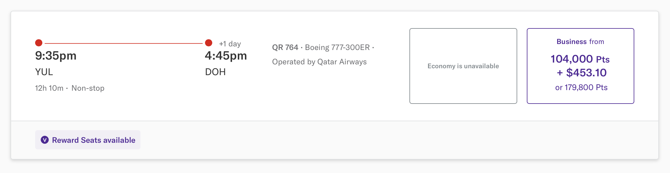 Virgin Australia redemption on Qatar Airways, from YUL to DOH.