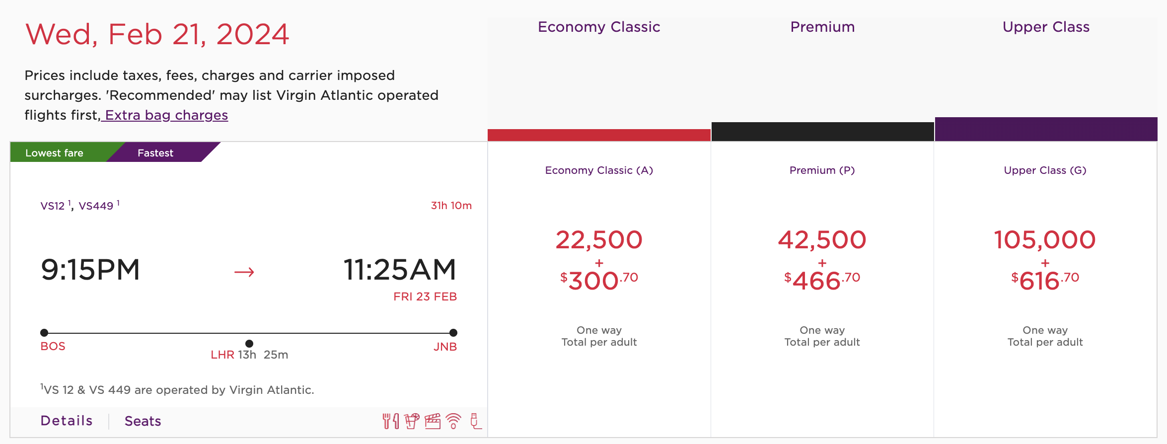 Virgin Atlantic award from BOS to JNB via LHR.