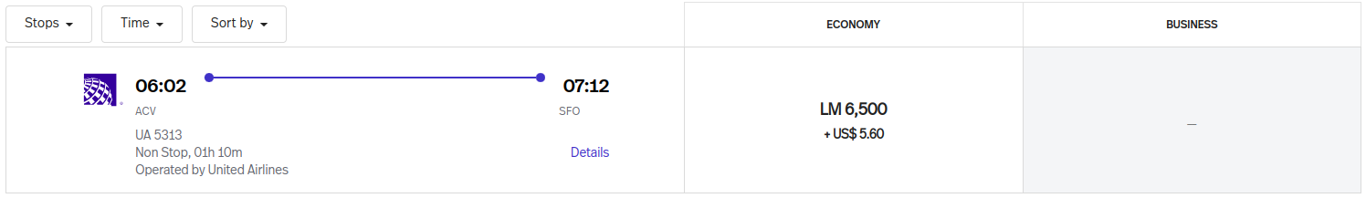 short United flight priced using LifeMiles