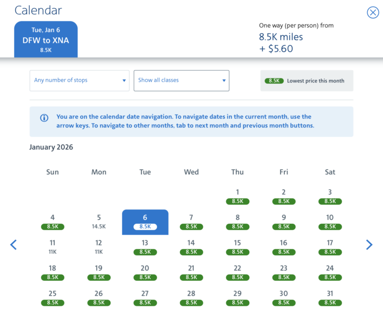 American Airlines awards from DFW to XNA