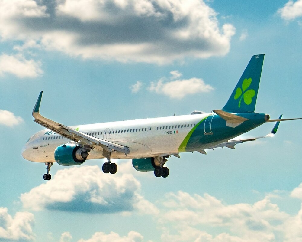 Aer Lingus A321 landing in cloudy skies.