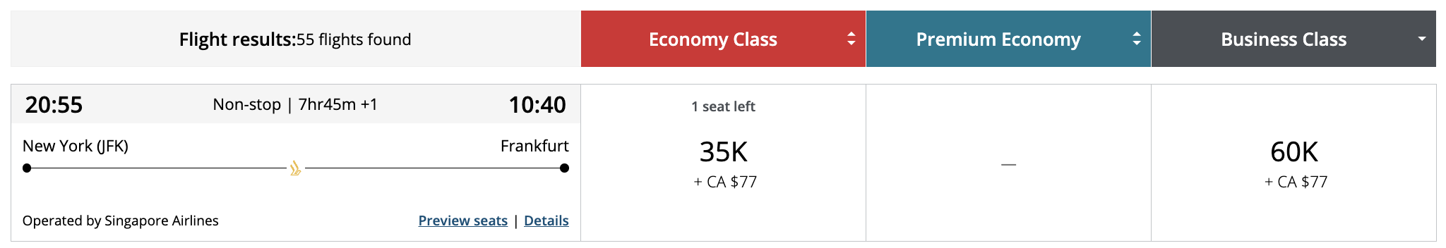 Singapore award from JFK to FRA bookable with Aeroplan points.
