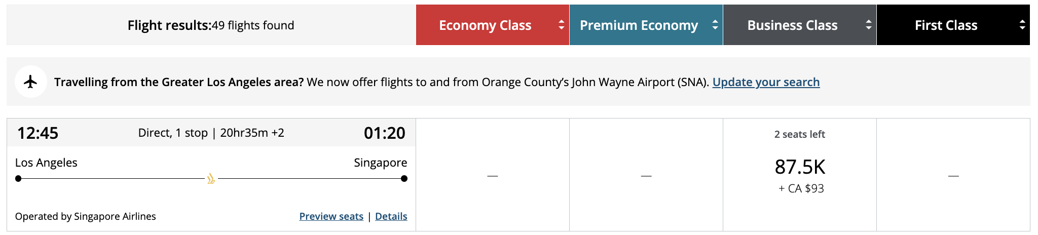 Singapore award from LAX to SIN bookable with Aeroplan points.