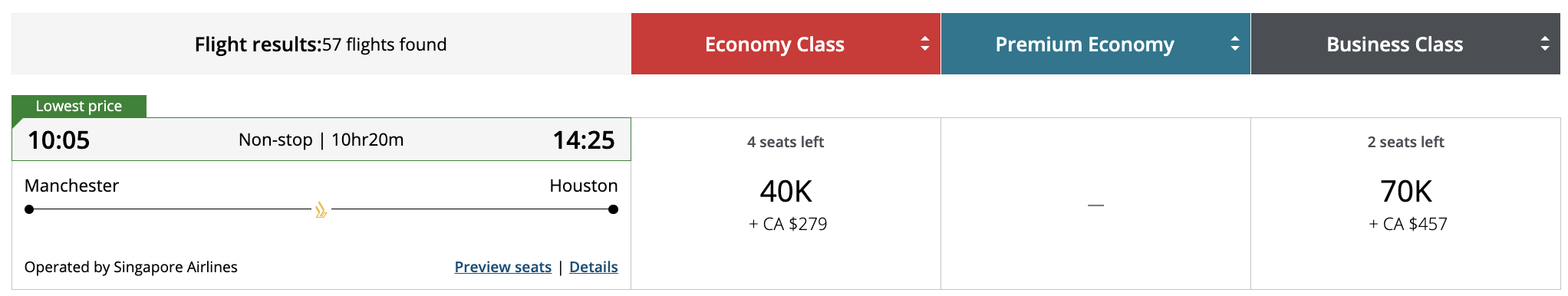 Singapore award from MAN to IAH bookable with Aeroplan points.