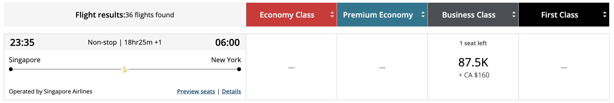 Singapore award from SIN to EWR bookable with Aeroplan points.