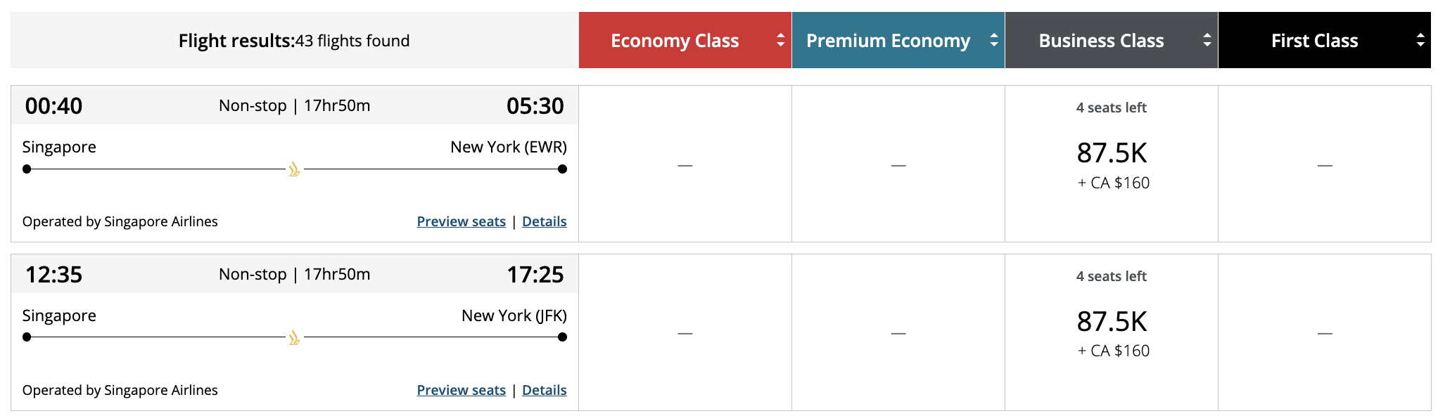 Singapore award from SIN to NYC bookable with Aeroplan points.