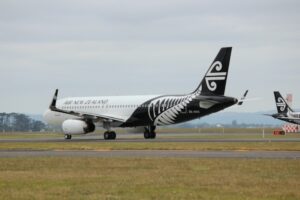 Air New Zealand A320 taxiing under gray skies.