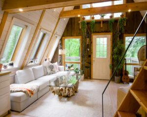 Airbnb living room photo from a cottage in the woods