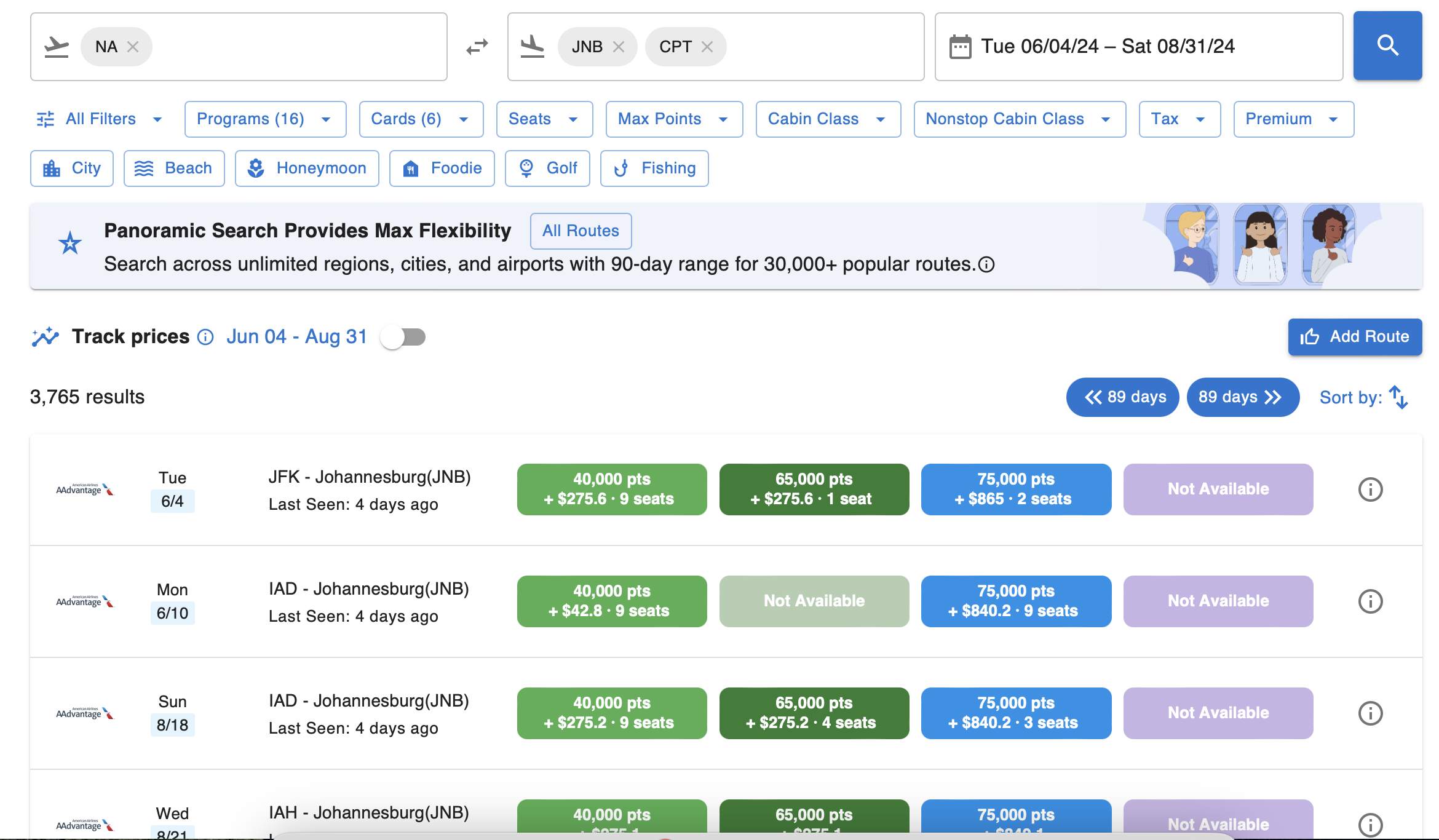 cached results display from North America to 2 airports in South Africa