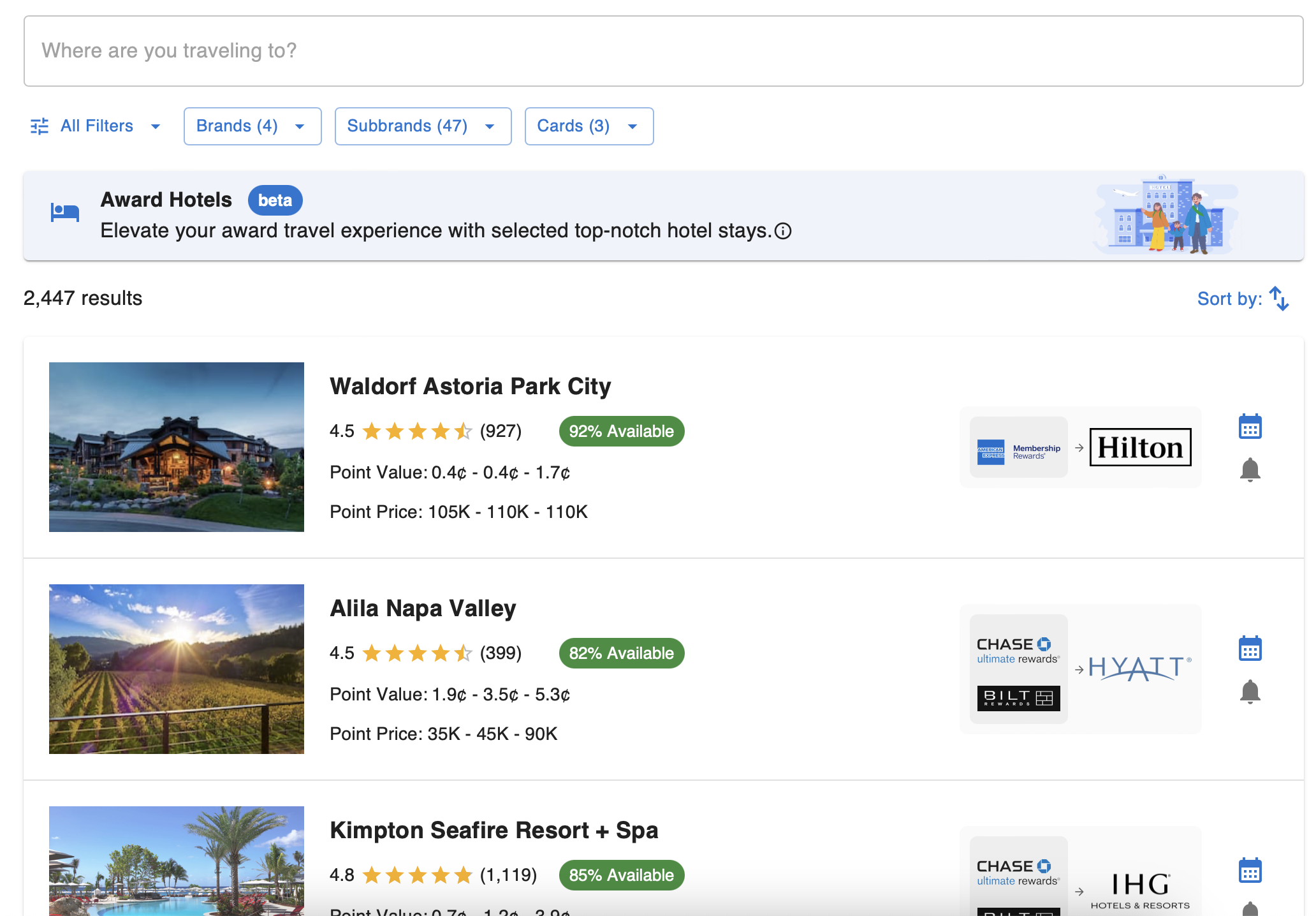 Front page of hotel search area