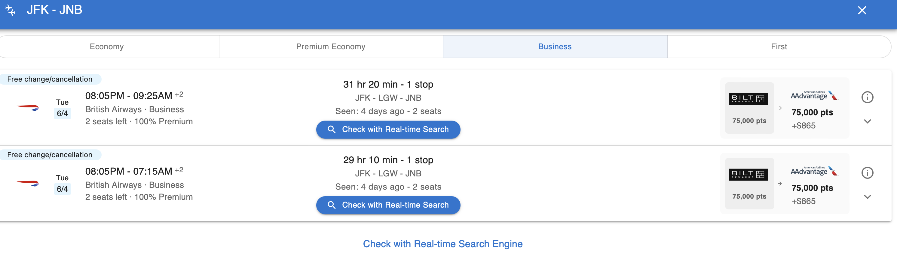 JFK-LGW-JNB search results