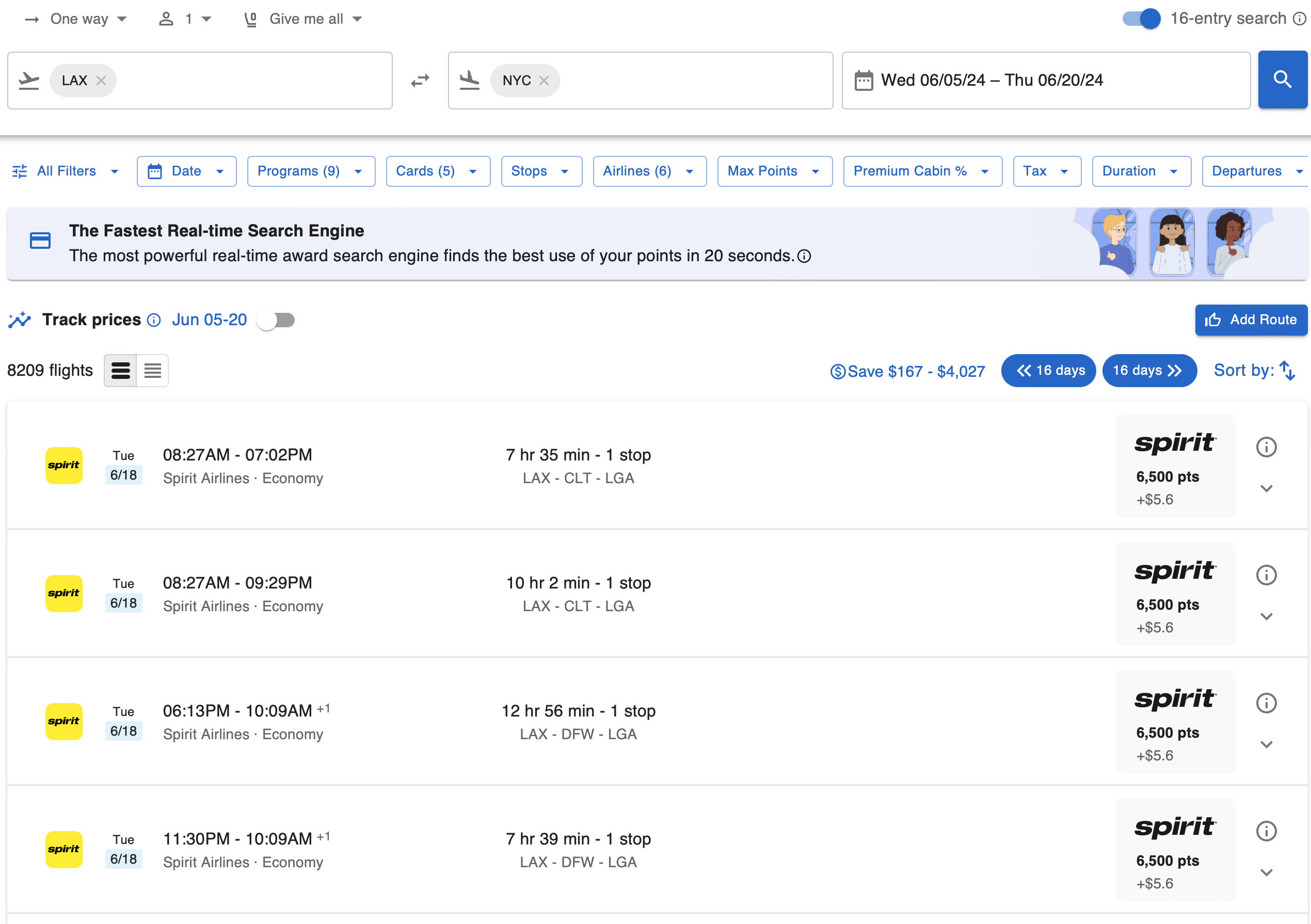 LAX to NYC search results