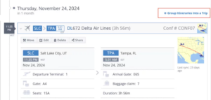 Screenshot of grouping a travel item into a trip in AwardWallet 