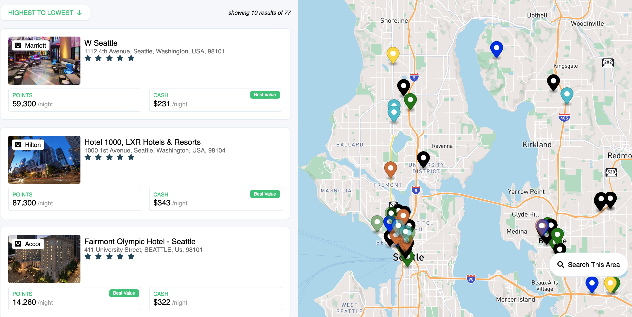 map with colored dots showing search results