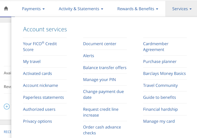 Barclays authorized user menu options