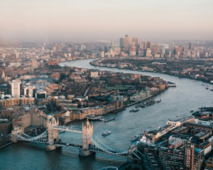 Aerial view over London and the Thames.