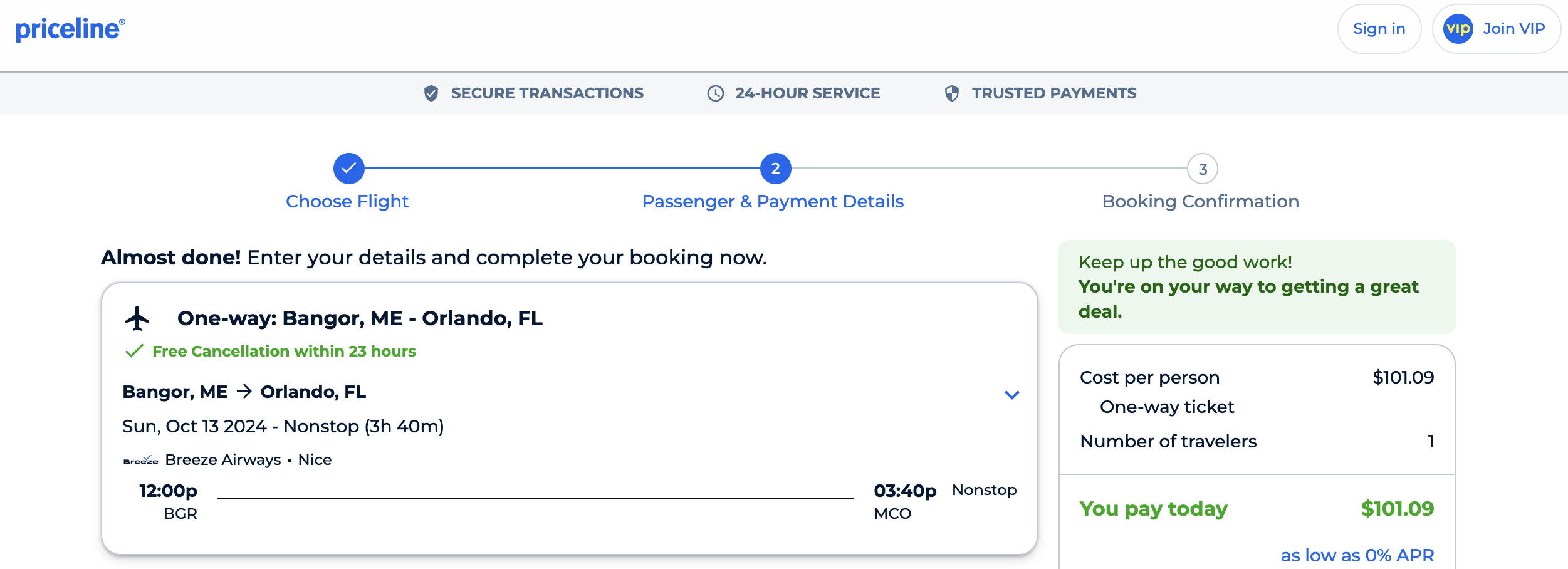 Priceline Breeze itinerary.