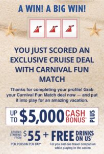 Carnival Fun match first offer for bonus cash