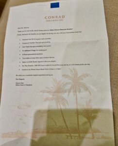 welcome letter with benefits at Conrad Bora Bora