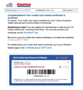 Citi Costco Rewards Certificate email displaying a check with the dollar amount of the rewards, ways to redeem them and the expiration date