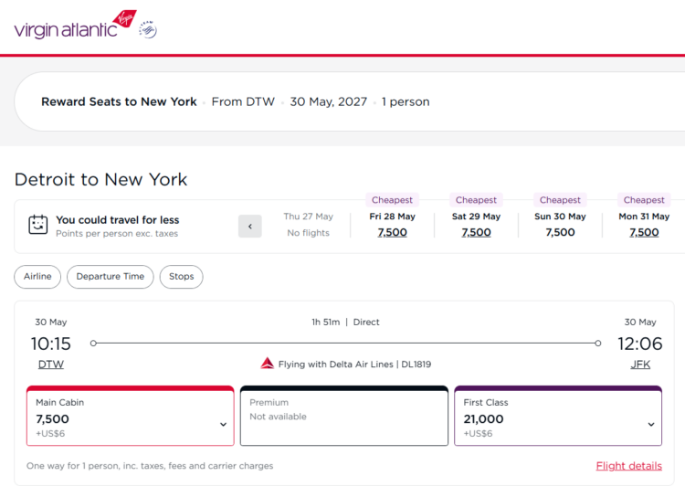 Virgin Flying Club award search results from Detroit to New York for 7500 Virgin points