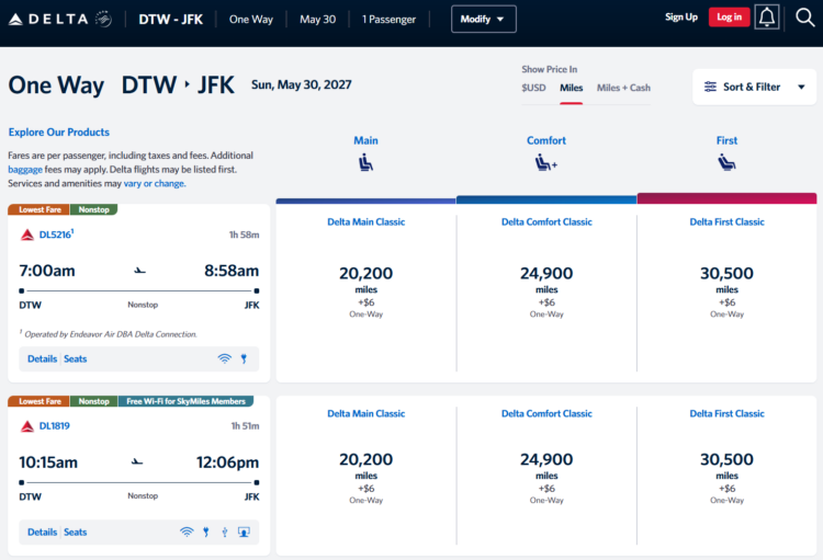 Delta SkyMiles award search results from Detroit to New York