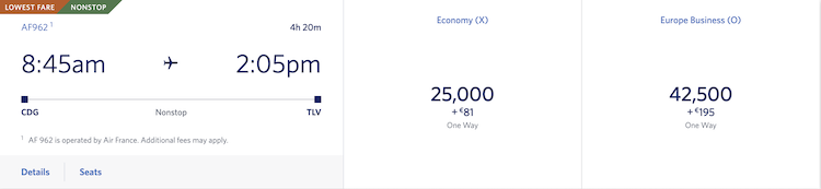 Delta redemption for Air France CDG-TLV, 25k in economy and 42,500 in business