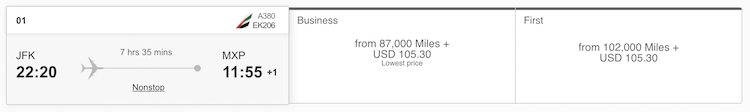 Emirates Skywards redemption JFK-MXP, 87k for business and 102k for first