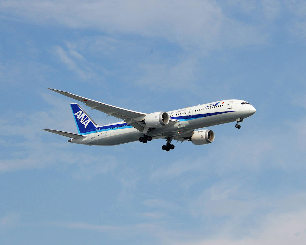 an ANA plane coming in for a landing