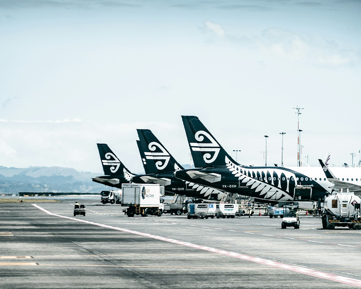 Air New Zealand tail fins at an airport