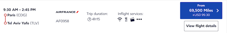 Air France flight redemption for 69,500 points CDG-TLV
