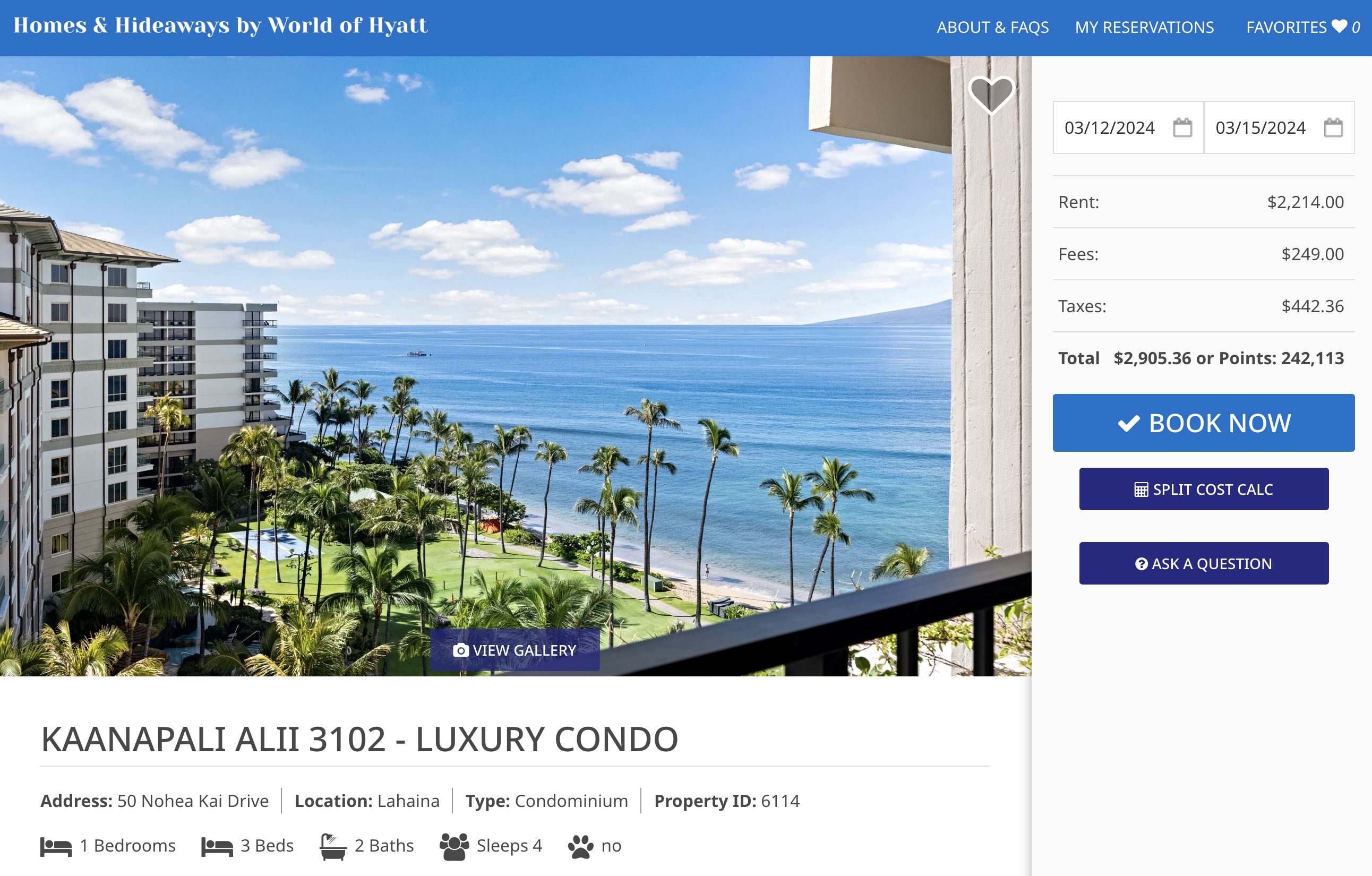 Price for a 3-night stay at the Kaanapali Alii in Lahaina.
