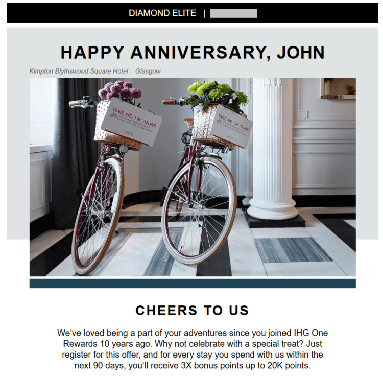 IHG email with details of anniversary offer