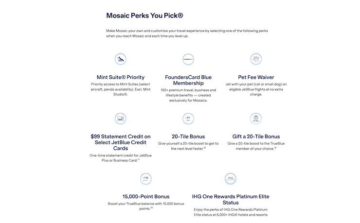 A screenshot of JetBlue's TrueBlue Mosaic Perks You Pick menu.