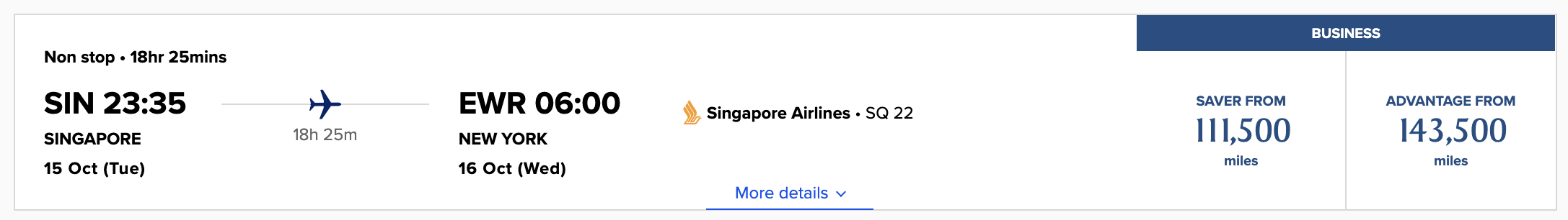 KrisFlyer award from SIN to EWR