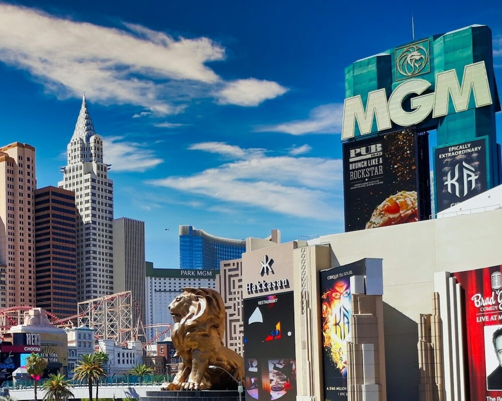 Las Vegas skyline in the daytime with the MGM Grand and New York-New York hotel in the background.