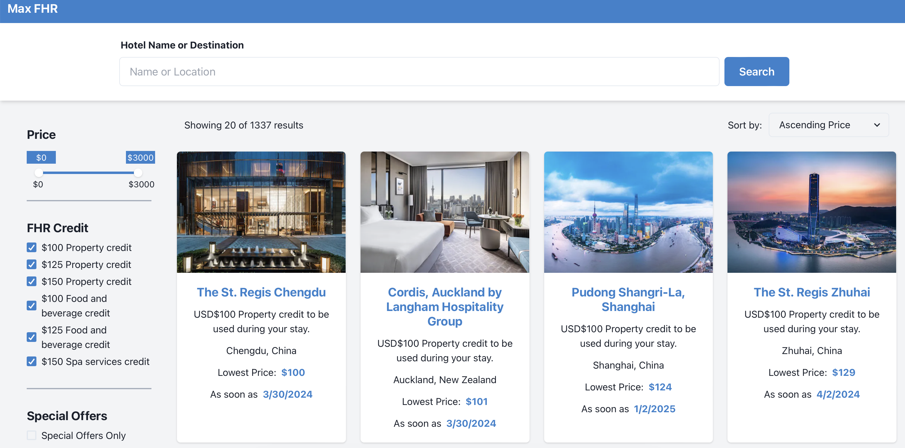 Search results for FHR properties at which to use an Amex Platinum credit