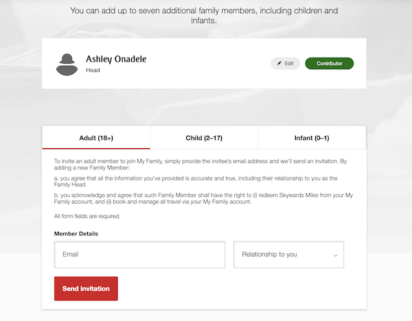 A screenshot of the screen on Emirates My Family account where you can enter the details of other Skywards members and invite them to your family account.