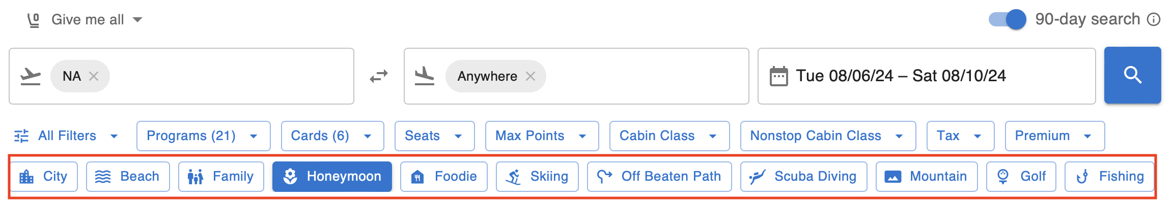 destination type filters