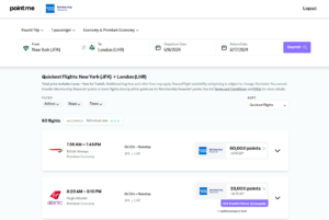 Screenshot showing Point.me search results for Amex cardholders from New York to London