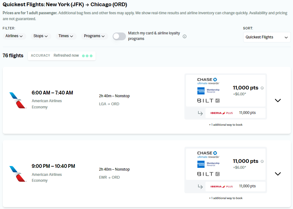 Point.me screenshot showing search results with alternative area/city airport results.
