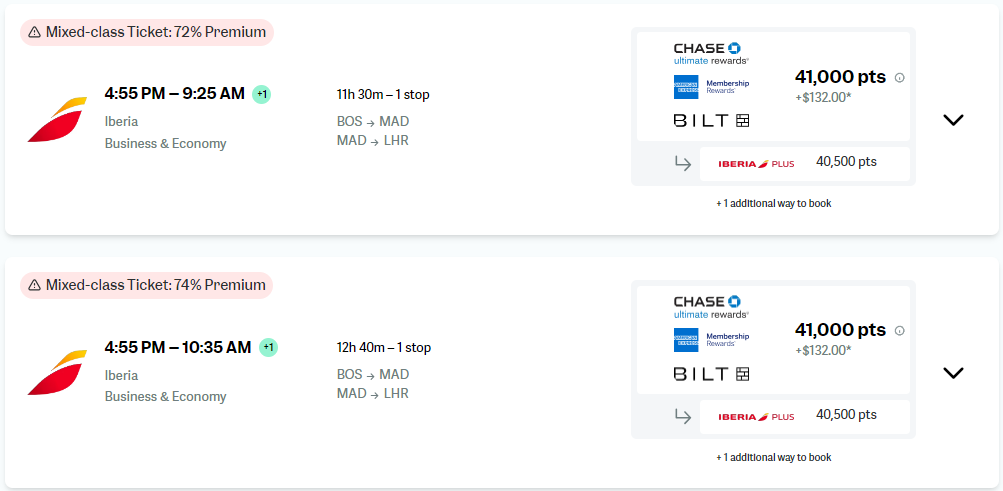 Point.me screenshot showing a mixed cabin option for the select flight from Boston to London.